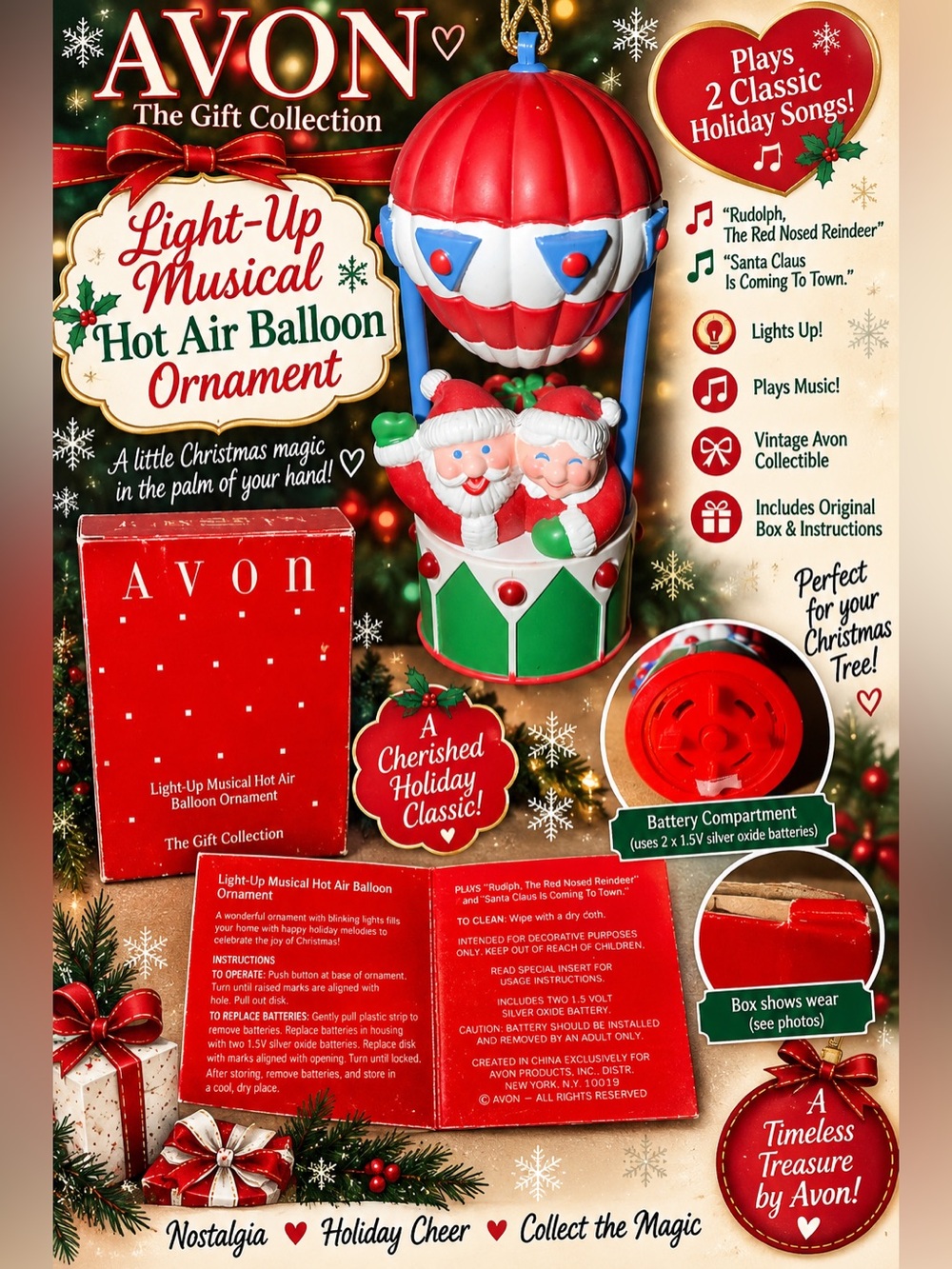 Vintage Avon Santa & Mrs Claus Light-Up Musical Hot Air Balloon Ornament Box